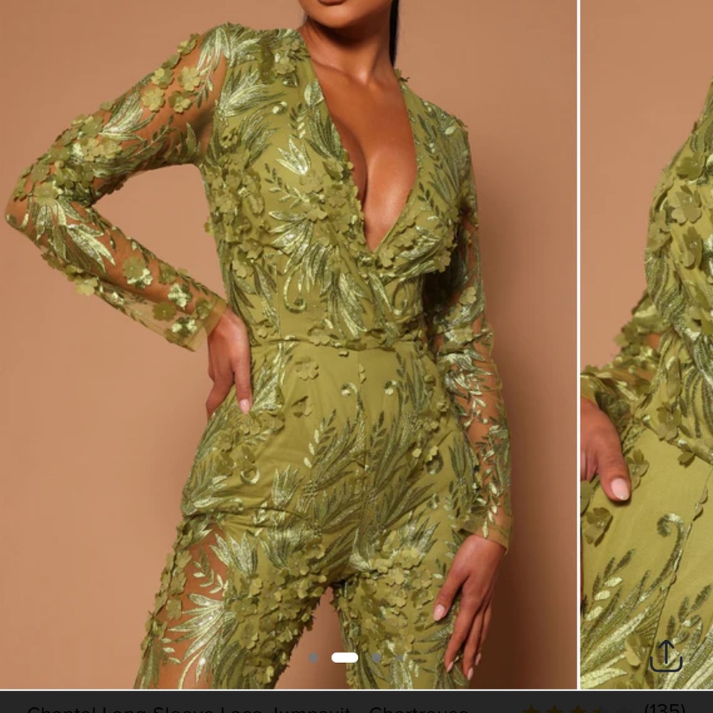 FASHION NOVA Jumpsuit Pants Dress Olive Floral Lace V-Neck Sequins Sheer S-M - Picture 2 of 10